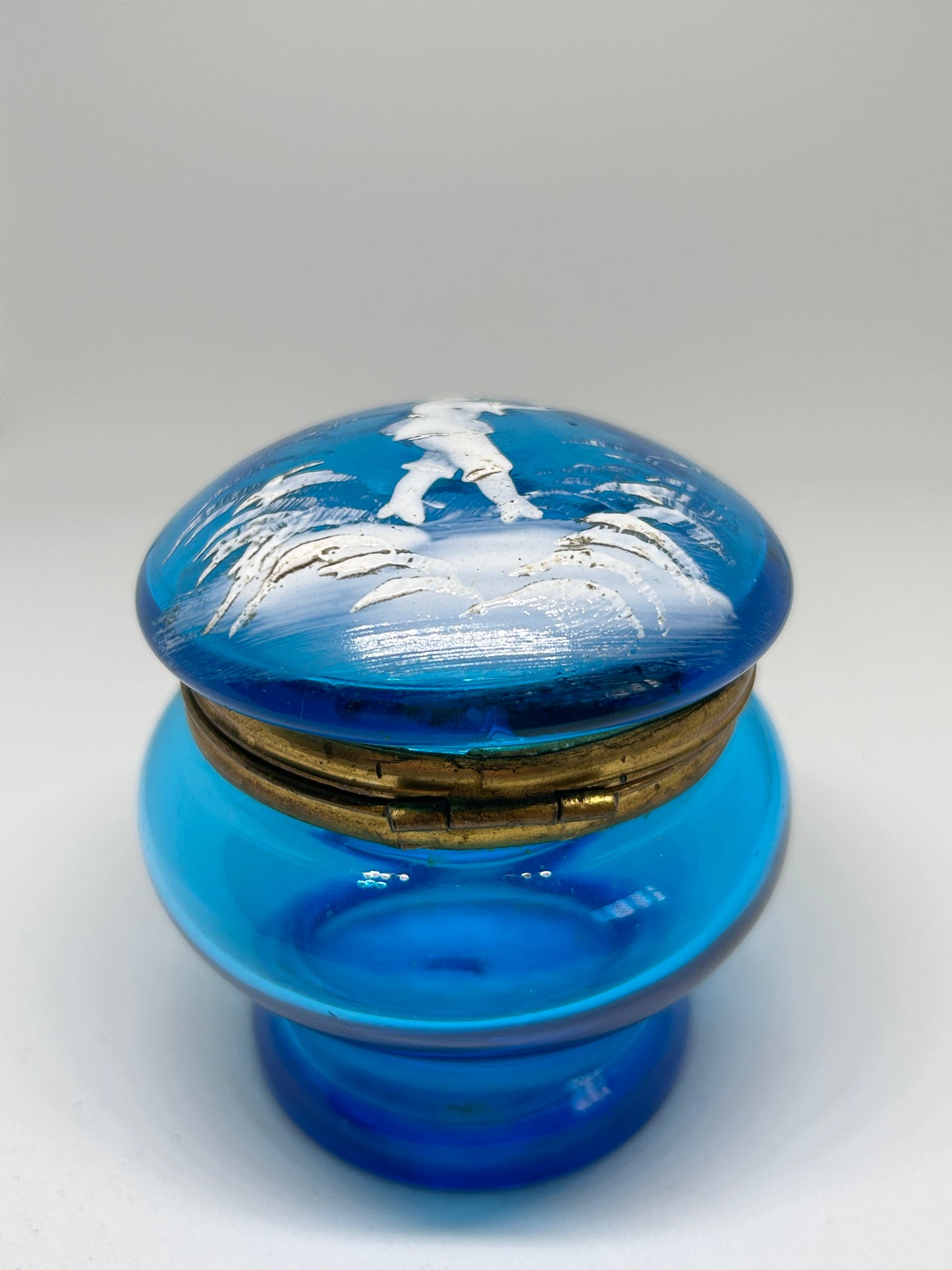 Antique Victorian MARY GREGORY COBALT Blue Glass Casket / Pill Box /Hand Blown Jewelry Box circa 1890's Victorian