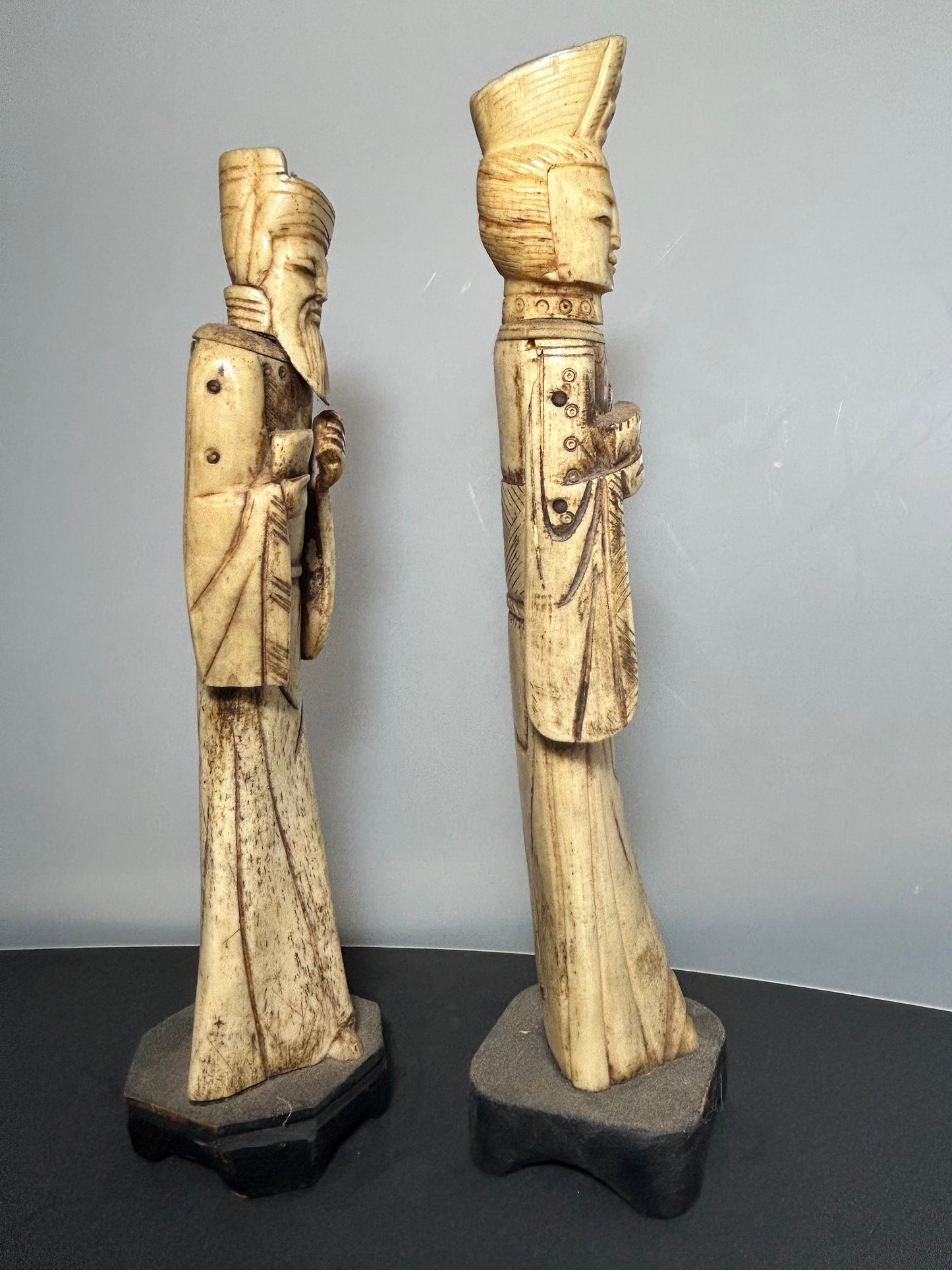 Pair Vintage Chinese Carved Bovine Bone Statues Emperor & Empress Figurines