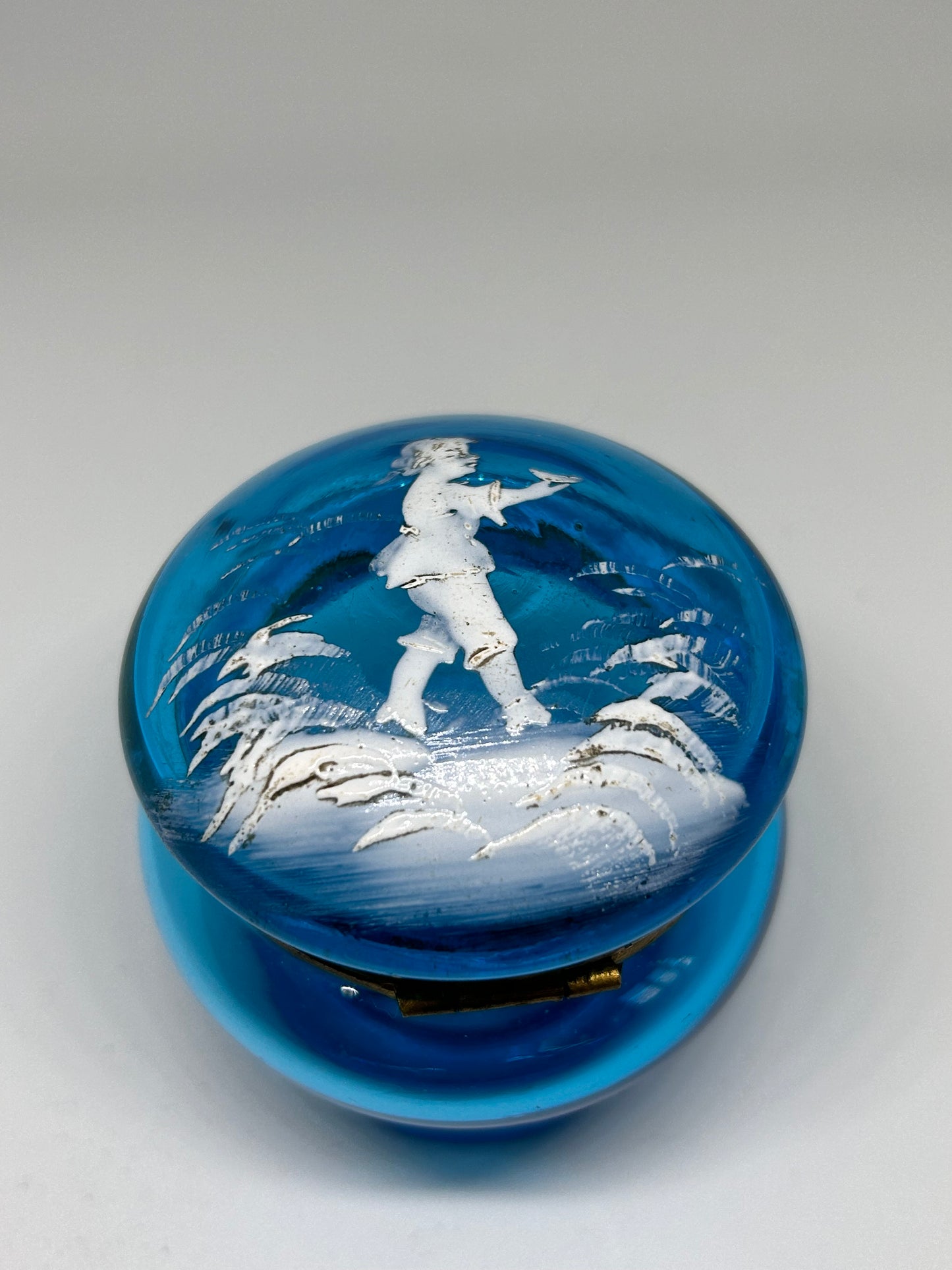 Antique Victorian MARY GREGORY COBALT Blue Glass Casket / Pill Box /Hand Blown Jewelry Box circa 1890's Victorian