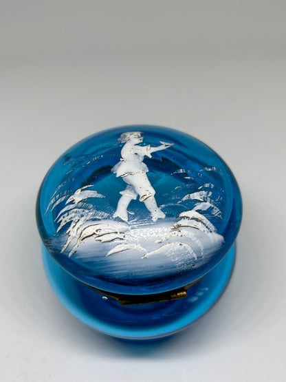 Antique Victorian MARY GREGORY COBALT Blue Glass Casket / Pill Box /Hand Blown Jewelry Box circa 1890's Victorian