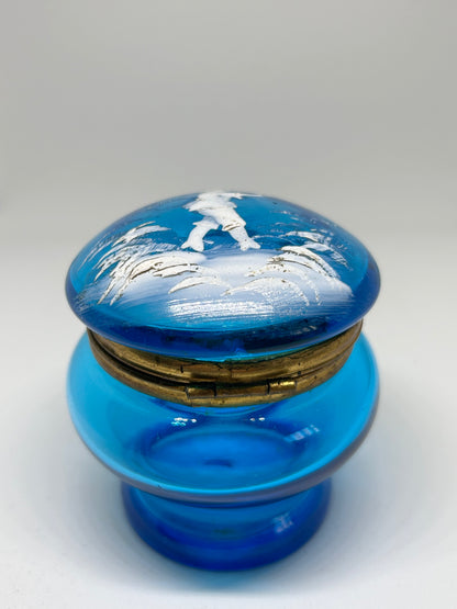 Antique Victorian MARY GREGORY COBALT Blue Glass Casket / Pill Box /Hand Blown Jewelry Box circa 1890's Victorian