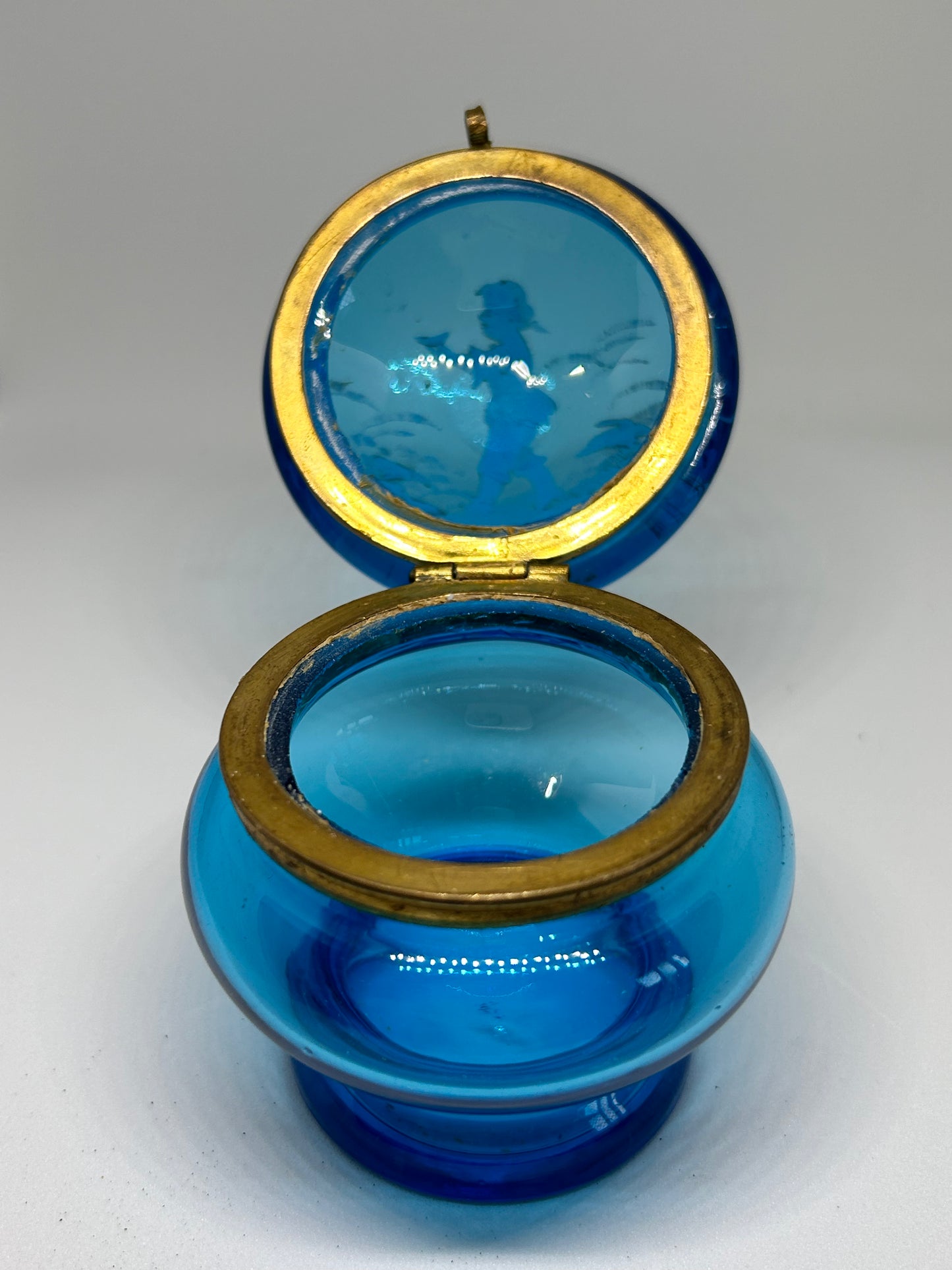 Antique Victorian MARY GREGORY COBALT Blue Glass Casket / Pill Box /Hand Blown Jewelry Box circa 1890's Victorian