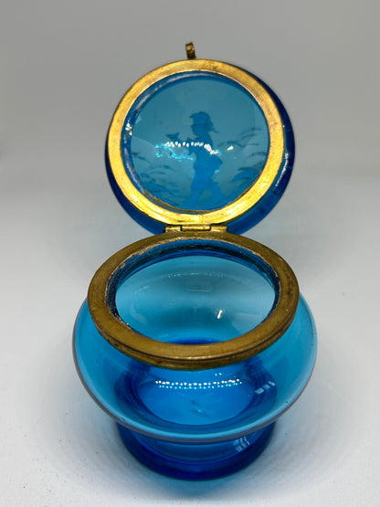 Antique Victorian MARY GREGORY COBALT Blue Glass Casket / Pill Box /Hand Blown Jewelry Box circa 1890's Victorian
