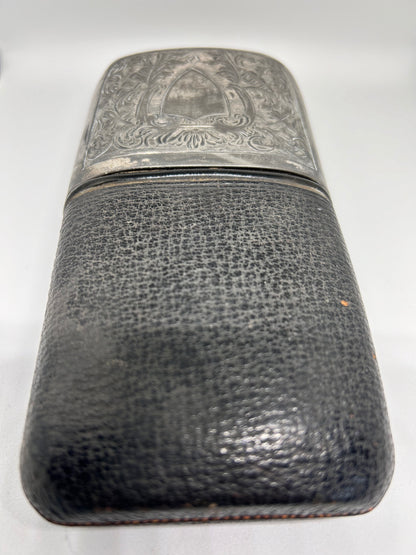 1900 Antique Collectible Flask Glass in Leather Silver Plated Case Made in England