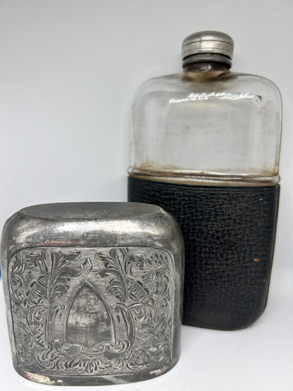 1900 Antique Collectible Flask Glass in Leather Silver Plated Case Made in England
