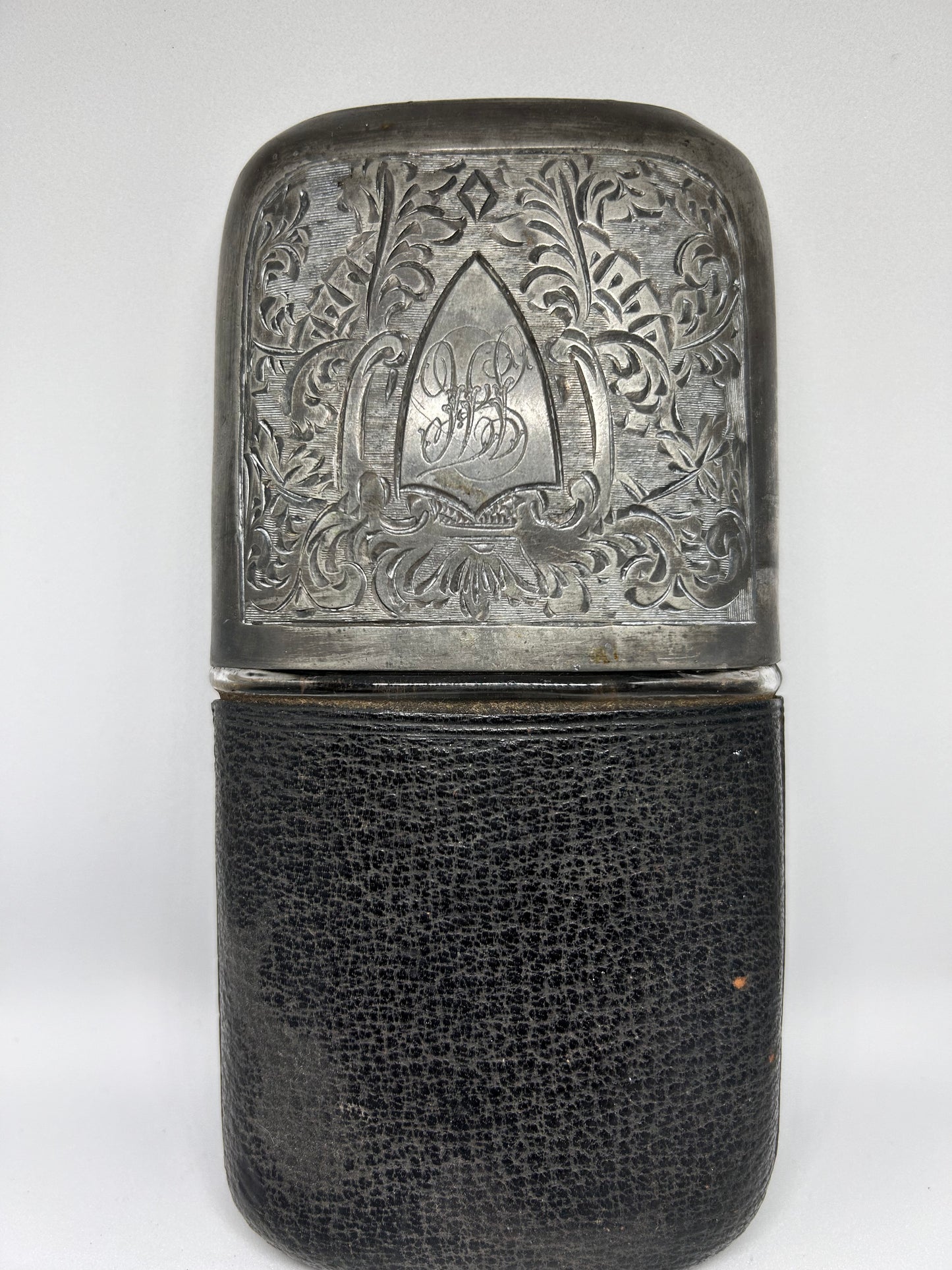 1900 Antique Collectible Flask Glass in Leather Silver Plated Case Made in England