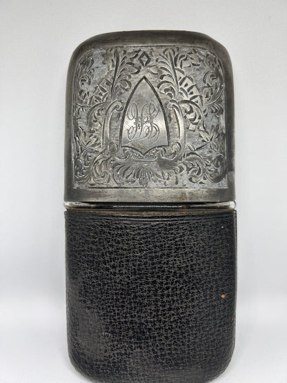 1900 Antique Collectible Flask Glass in Leather Silver Plated Case Made in England