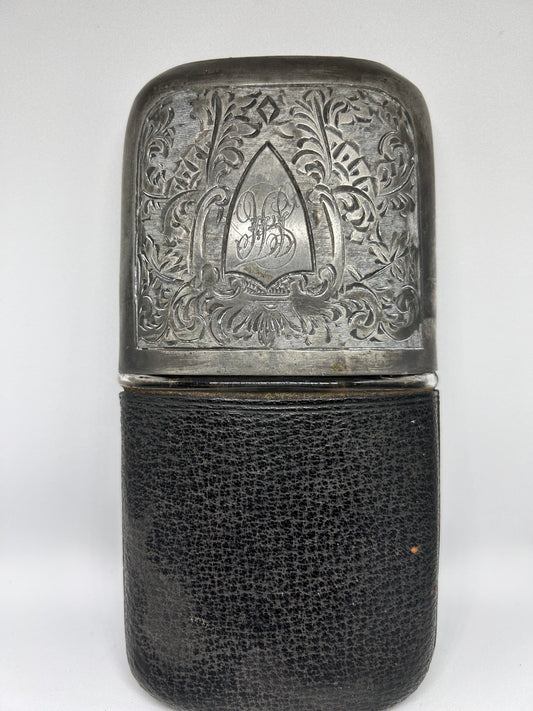 1900 Antique Collectible Flask Glass in Leather Silver Plated Case Made in England