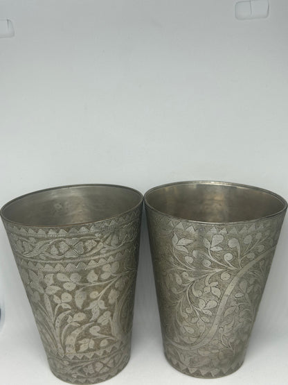 Pair of Antique Brass Cups - Hand Crafted And Engraved Circa 1900