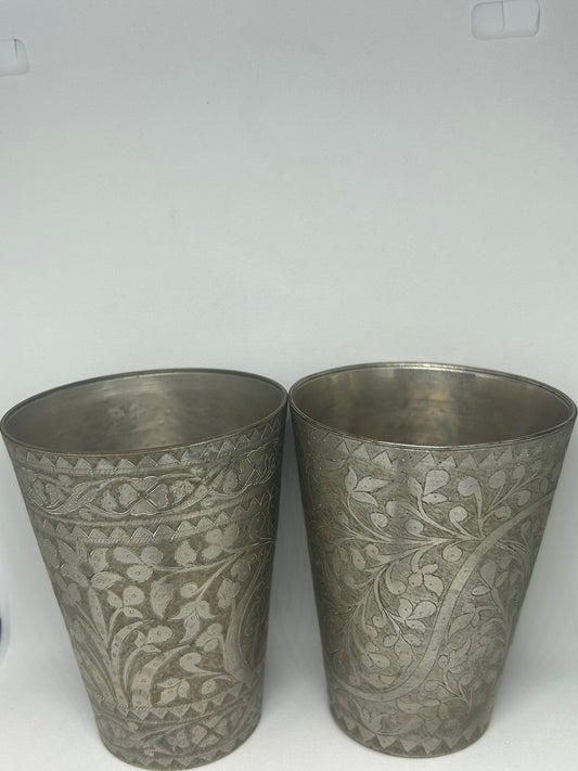 Pair of Antique Brass Cups - Hand Crafted And Engraved Circa 1900