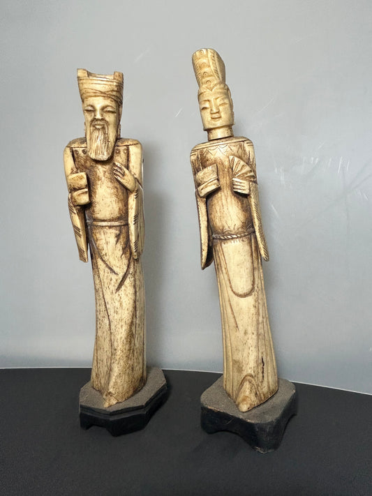 Pair Vintage Chinese Carved Bovine Bone Statues Emperor & Empress Figurines