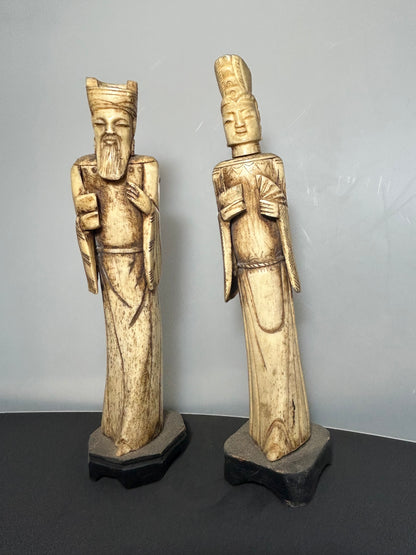 Pair Vintage Chinese Carved Bovine Bone Statues Emperor & Empress Figurines