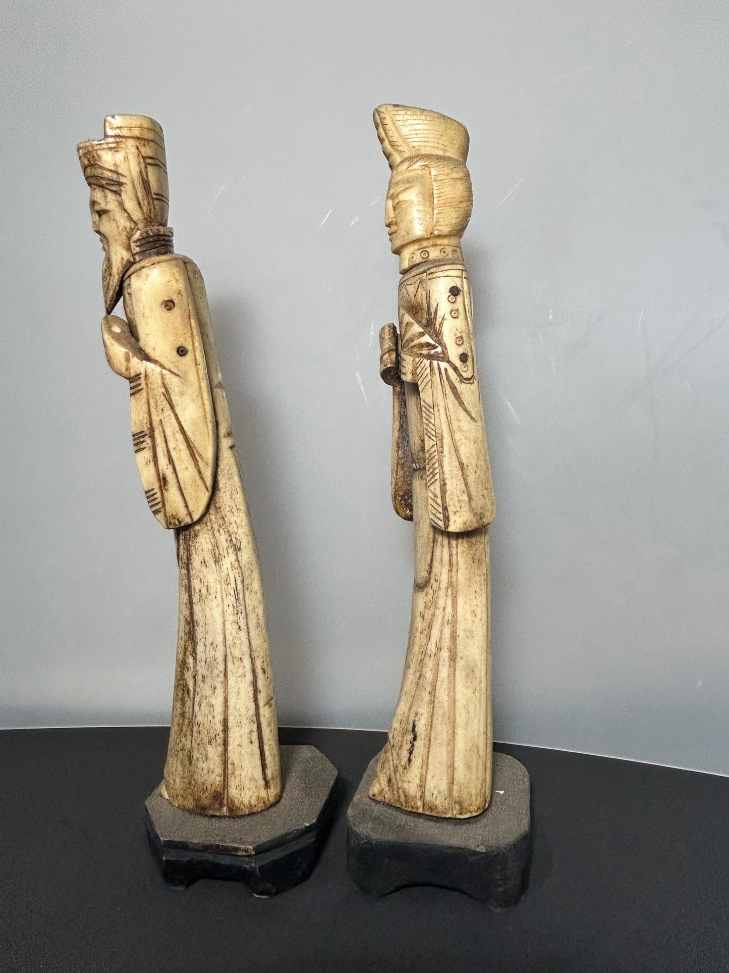 Pair Vintage Chinese Carved Bovine Bone Statues Emperor & Empress Figurines