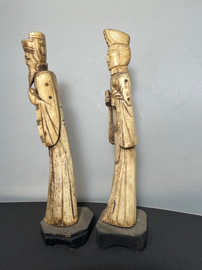 Pair Vintage Chinese Carved Bovine Bone Statues Emperor & Empress Figurines