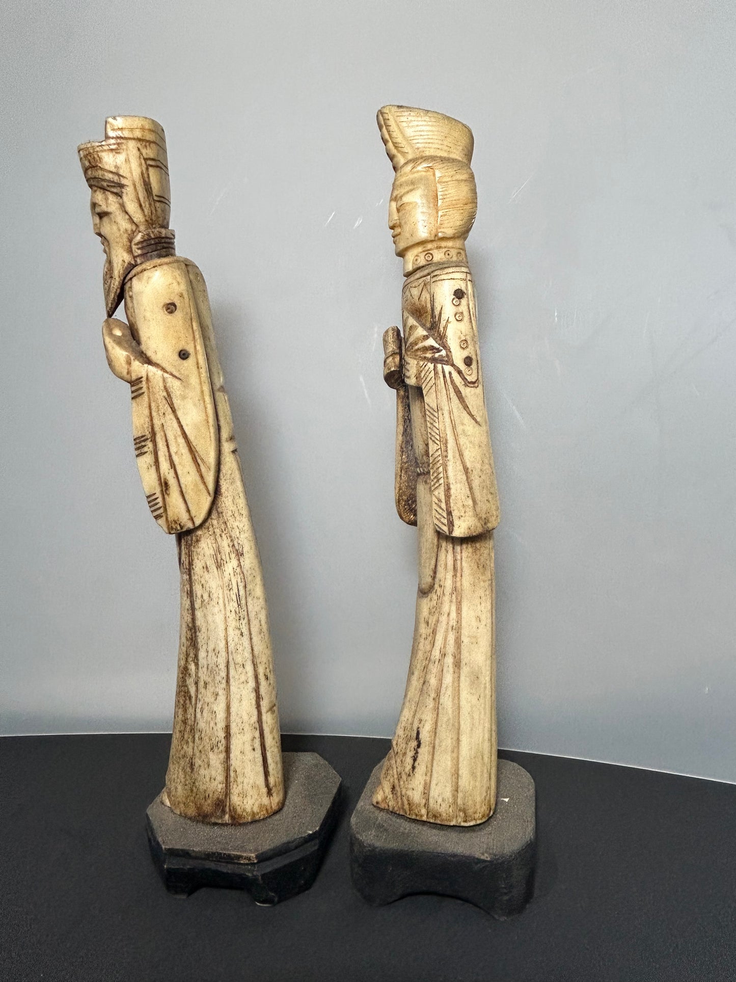 Pair Vintage Chinese Carved Bovine Bone Statues Emperor & Empress Figurines