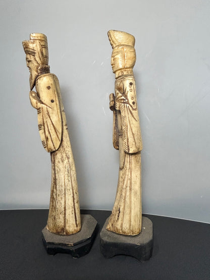 Pair Vintage Chinese Carved Bovine Bone Statues Emperor & Empress Figurines