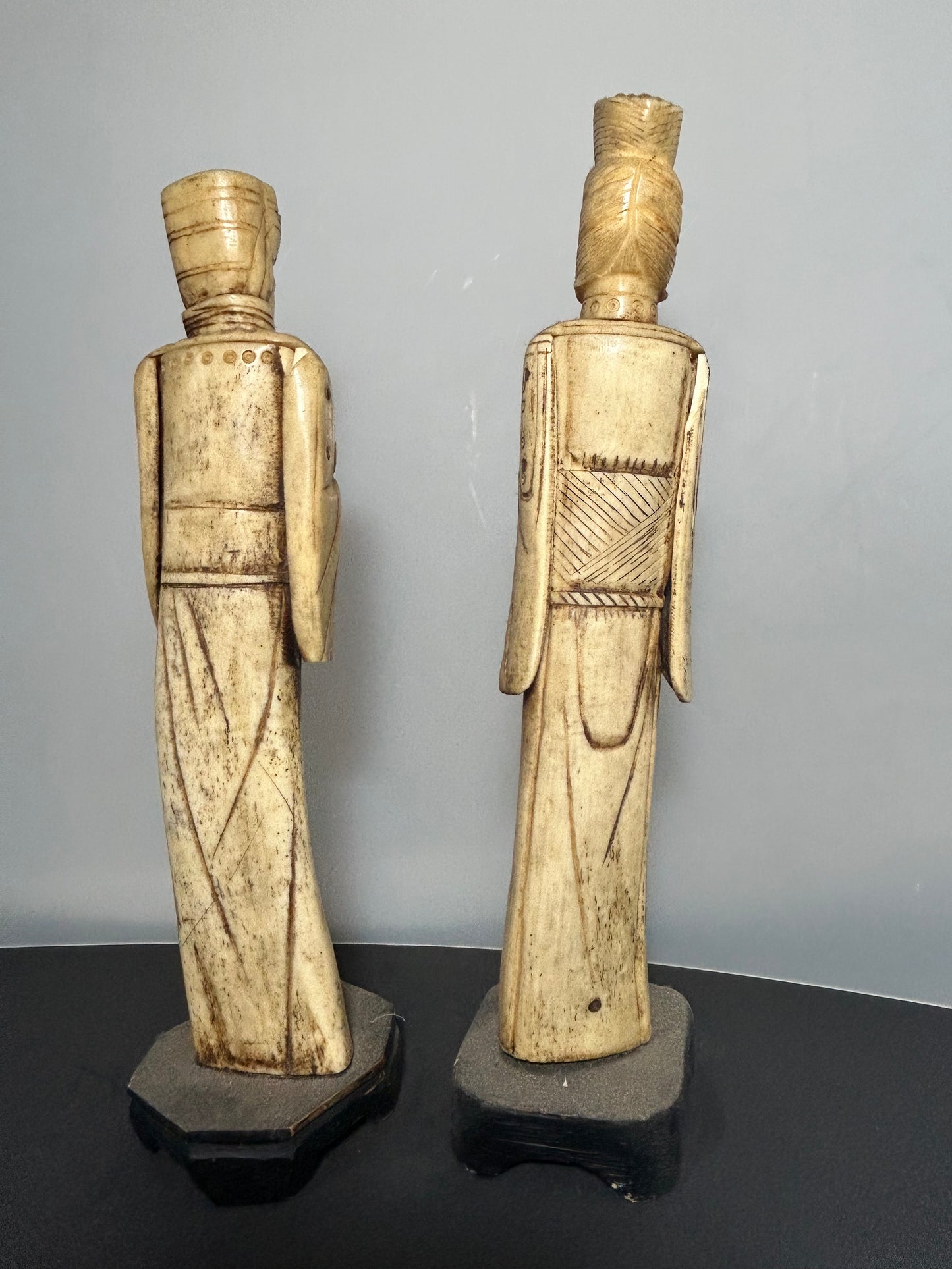 Pair Vintage Chinese Carved Bovine Bone Statues Emperor & Empress Figurines