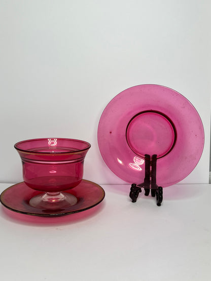 Vintage Bohemian Ruby Red Teacup & Saucers