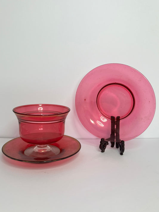 Vintage Bohemian Ruby Red Teacup & Saucers