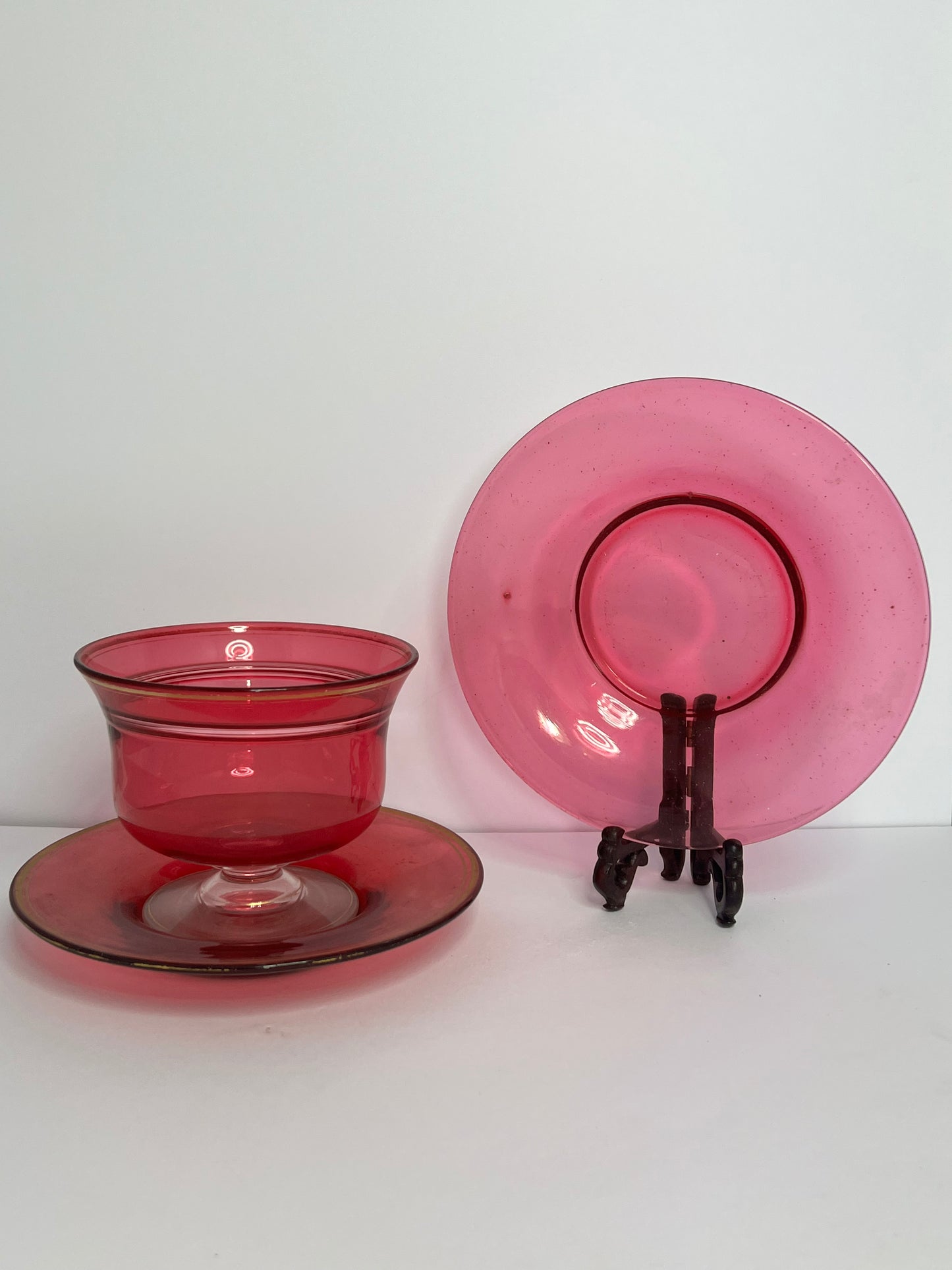 Vintage Bohemian Ruby Red Teacup & Saucers