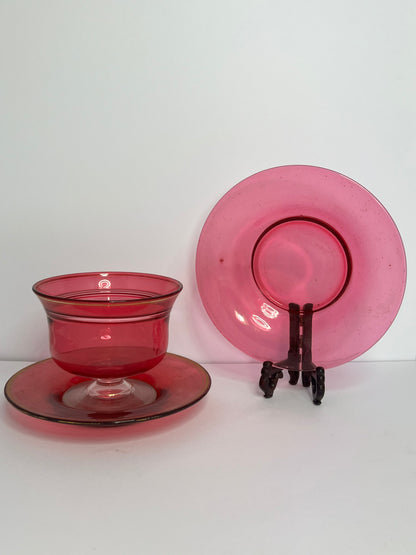 Vintage Bohemian Ruby Red Teacup & Saucers