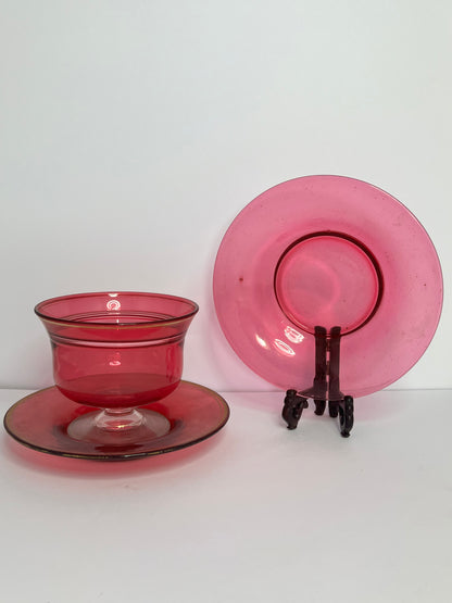 Vintage Bohemian Ruby Red Teacup & Saucers