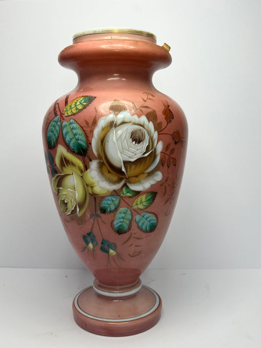 Large Antique Hand Painted Flowers Milk Glass Vase With Flowers