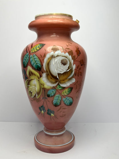 Large Antique Hand Painted Flowers Milk Glass Vase With Flowers