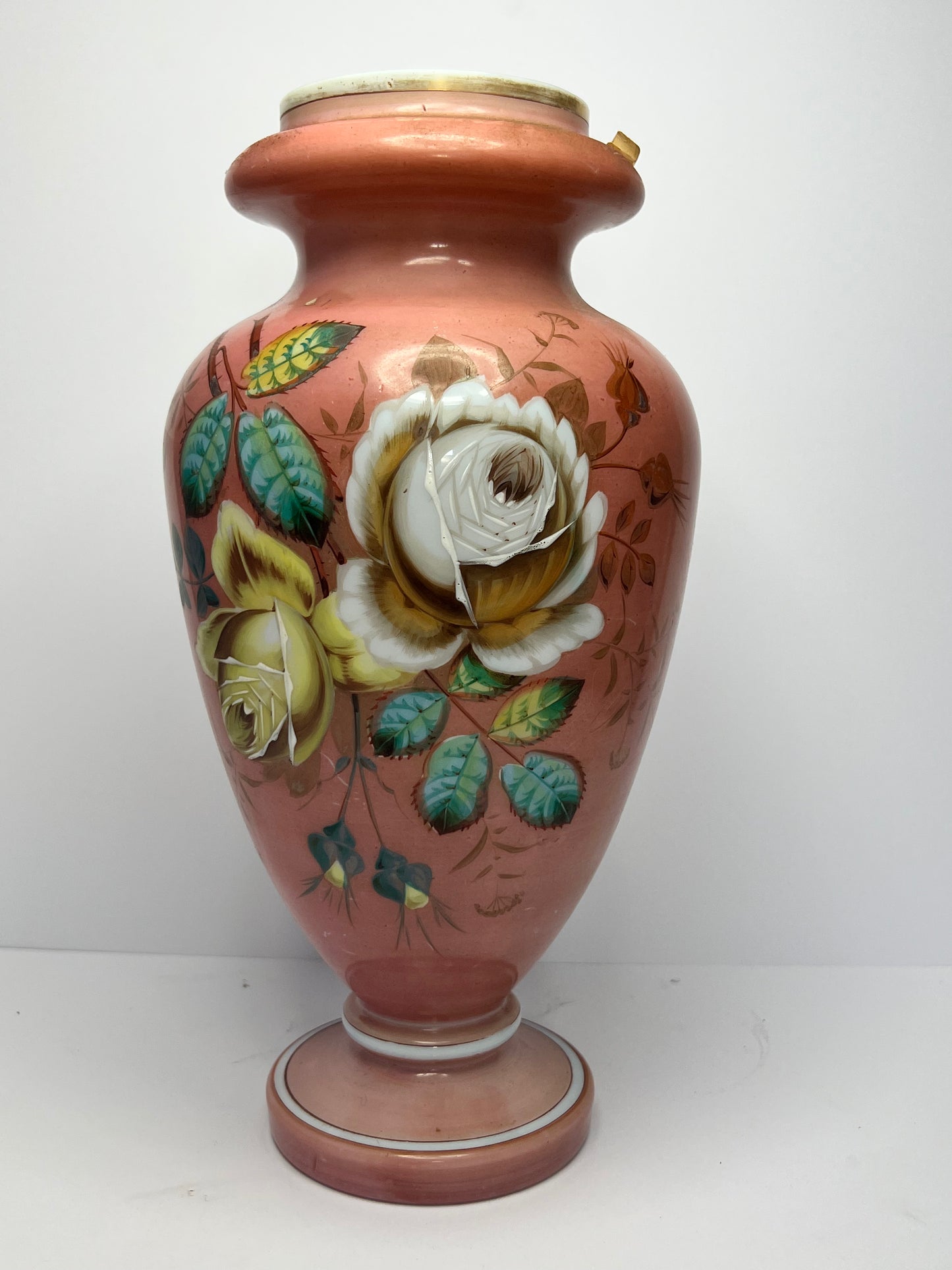 Large Antique Hand Painted Flowers Milk Glass Vase With Flowers