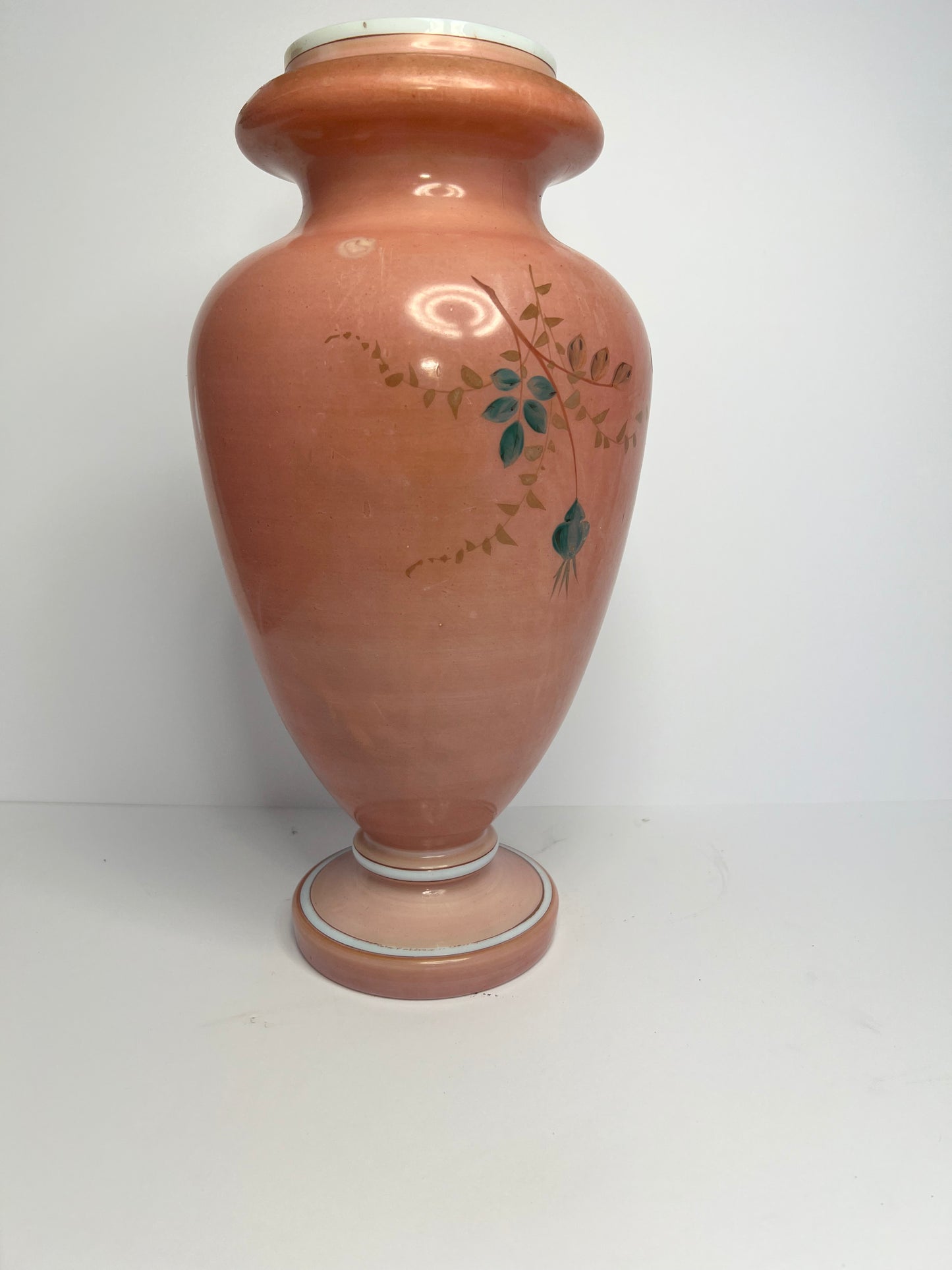 Large Antique Hand Painted Flowers Milk Glass Vase With Flowers