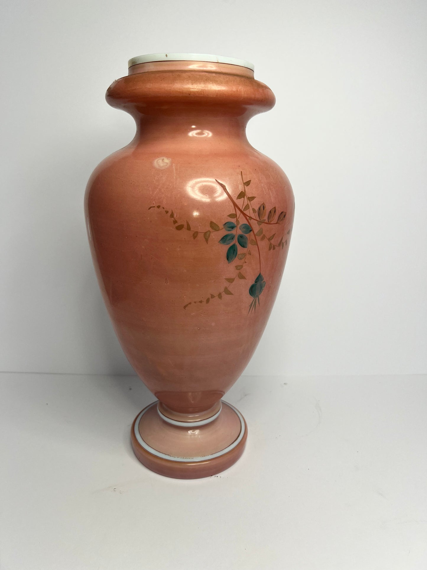 Large Antique Hand Painted Flowers Milk Glass Vase With Flowers