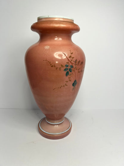 Large Antique Hand Painted Flowers Milk Glass Vase With Flowers