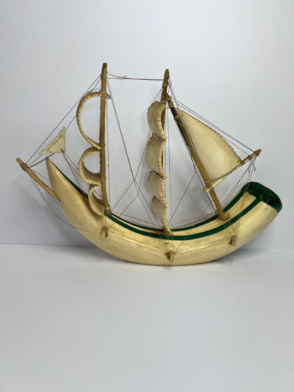 COW BOVINE HORN FOLK ART NAUTICAL 3 MAST SAILING SHIP TV LAMP SCULPTURE ASIS