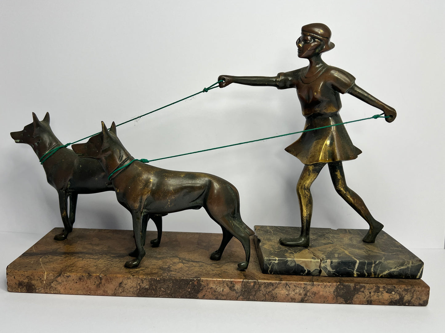 Antique Deco Girl Statue / Sculpture with Two Dogs