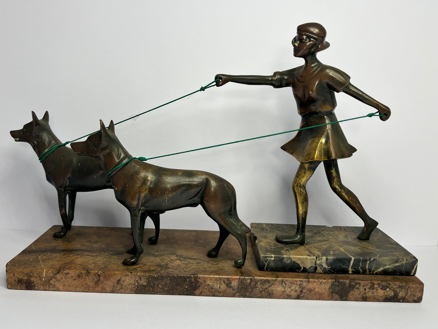 Antique Deco Girl Statue / Sculpture with Two Dogs