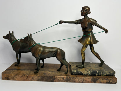 Antique Deco Girl Statue / Sculpture with Two Dogs