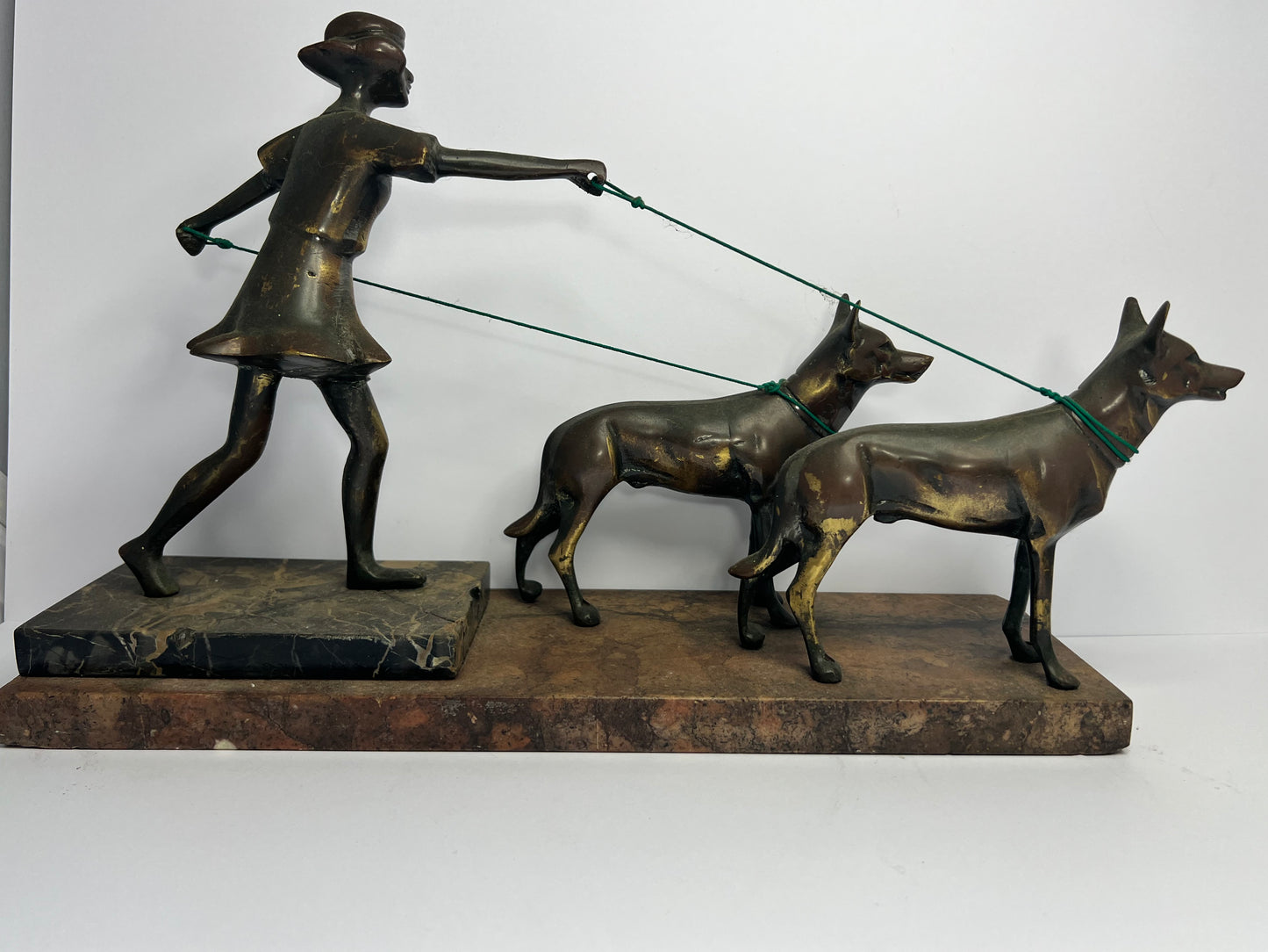 Antique Deco Girl Statue / Sculpture with Two Dogs