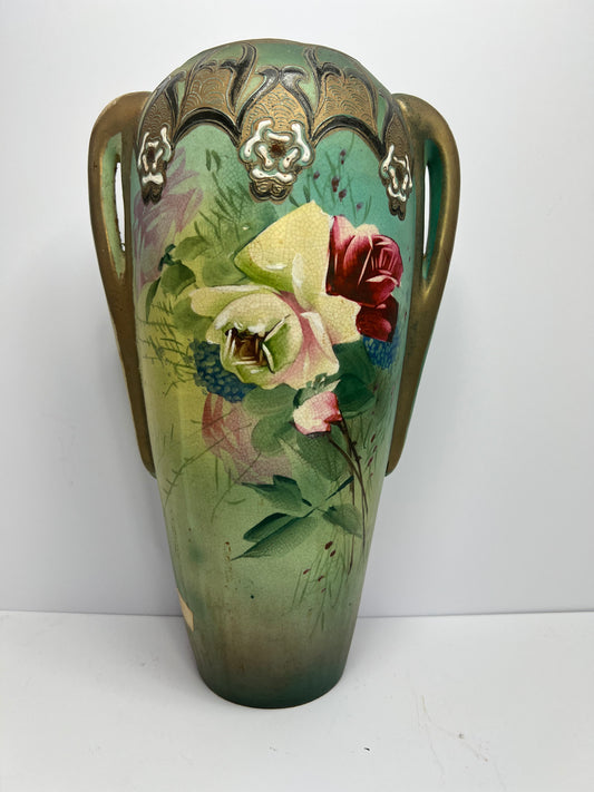 Green Antique Victorian Vase - Victorian porcelain vase with small handles